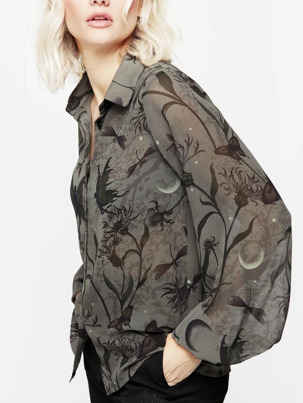 Disturbia Grey Floral Fairy Chiffon Blouse Sheer Button Up Plus Size 16